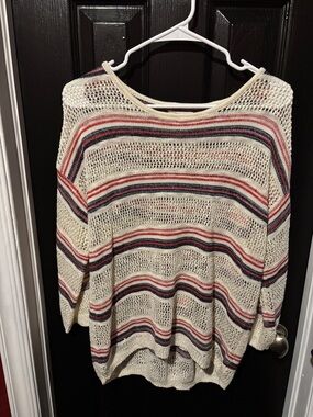 Maurices Cream Open-Knit Scoop Sweater with Navy & Red Stripes